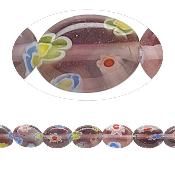 Bead, millefiori glass, translucent dark purple and multicolored, 7x5mm-8x6mm flat oval. Sold per 14-inch strand. image number 0