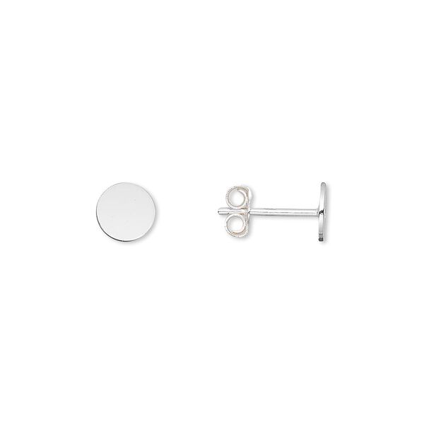 Earstud, sterling silver, 6mm round flat pad. Sold per pkg of 10 pairs. image number 0