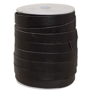 Cord, leather, black, 12mm flat. Sold per 25-yard spool.