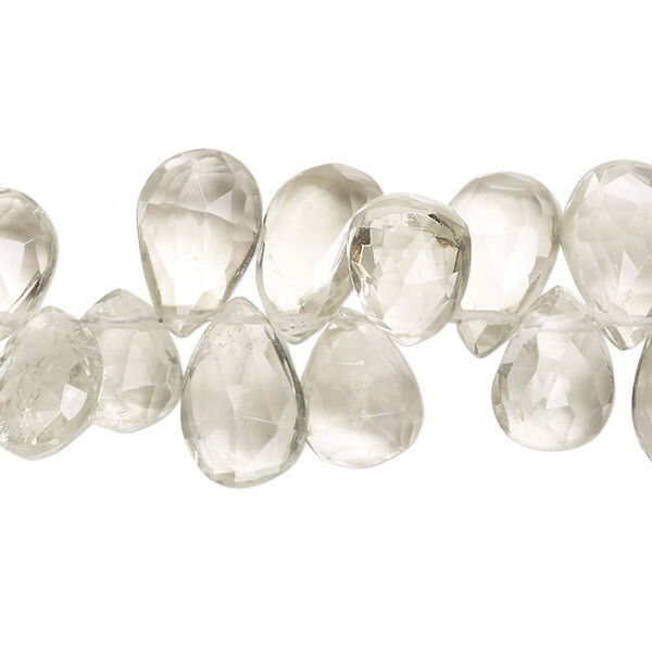 Bead, green quartz (heated), 10x7mm-16x9mm hand-cut top-drilled faceted puffed teardrop with 0.4-1.4mm hole, B+ grade, Mohs hardness 7. Sold per 9-inch strand. image number 0