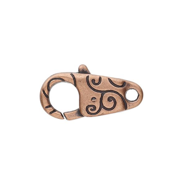 Clasp, lobster claw, antiqued copper-finished "pewter" (zinc-based alloy), 24.5x11mm with double-sided swirl design. Sold per pkg of 6. image number 0