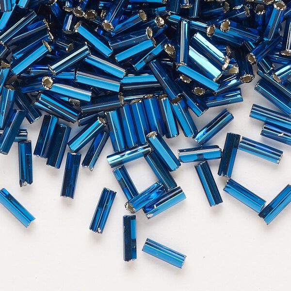 Bead, Preciosa Ornela Czech glass, bugle bead, pkg/50g, 1/4 inch, silver-lined transparent dark aquamarine, (67100). image number 0