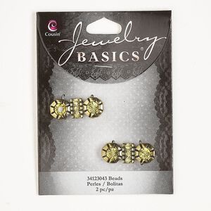 Bead, spacer, gold-finished "pewter" (zinc-based alloy) and glass, yellow, 27x11mm-28x11mm fancy rectangle, fits up to 14.5mm beads. Sold per pkg of 2.