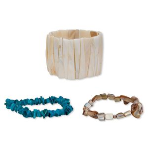 Bracelet mix, stretch, mother-of-pearl shell (natural / bleached / dyed / assembled) and resin, multicolored, 6x3mm-70x26mm mixed shape, 6-1/2 to 7-1/2 inches. Sold per pkg of 5.