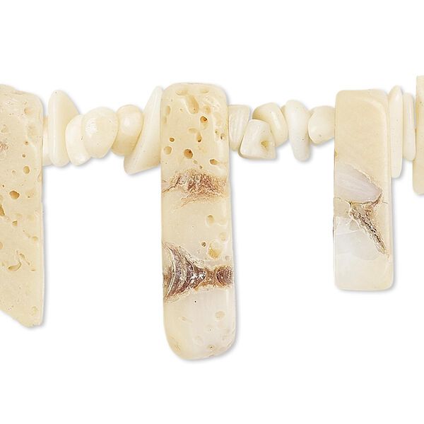 Bead, bamboo coral (bleached), white, medium chip and 16x4mm-60x5mm graduated top-drilled stick, C grade, Mohs hardness 3-1/2 to 4. Sold per 15-inch strand. image number 0