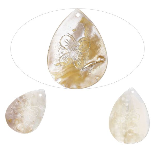 Focal, mother-of-pearl shell (natural/bleached), 55x38mm-65x48mm hand-carved teardrop with butterfly design, Mohs hardness 3-1/2. Sold per pkg of 3. image number 0