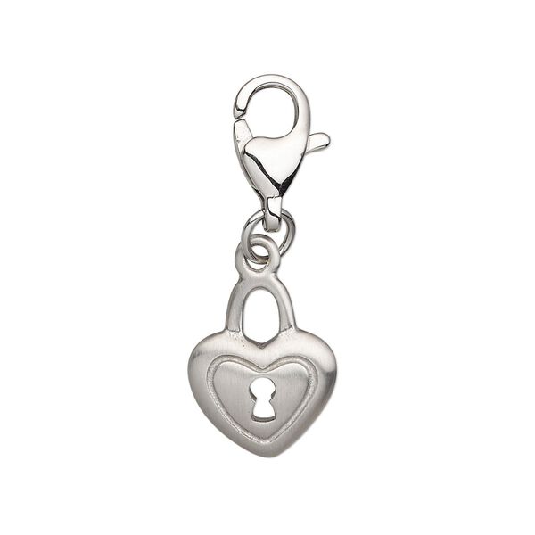 Charm, stainless steel, 15x12mm double-sided matte puffed heart lock with keyhole cutout and lobster claw clasp. Sold individually. image number 0