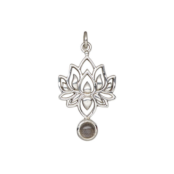 Drop, antiqued sterling silver and labradorite (natural), 22.5 x 14.5mm single-sided lotus. Sold individually. image number 0