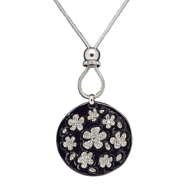Necklace, glass rhinestone / enamel / silver-finished brass / steel / "pewter" (zinc-based alloy), black and clear, 45mm round with raised cutout flower design, 34 inches with 2-inch extender chain and lobster claw clasp. Sold individually. image number 0