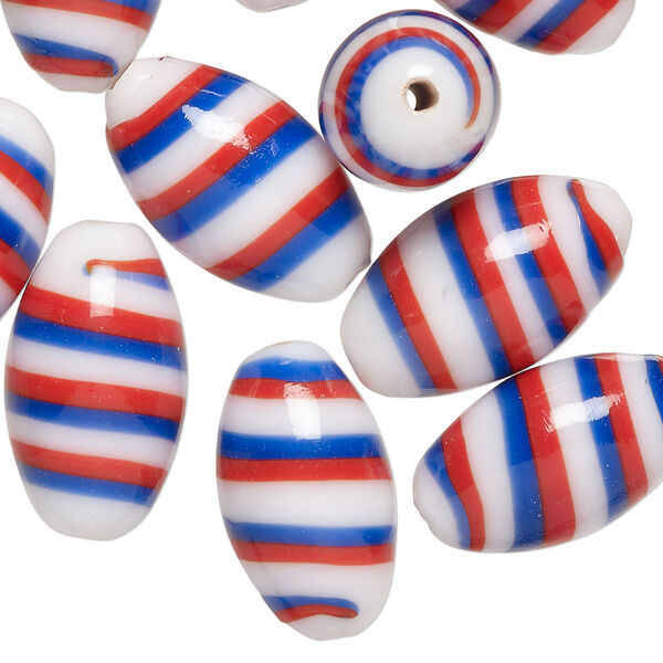 Bead, lampworked glass, opaque red / blue / white, 20x11mm oval. Sold per pkg of 10. image number 0