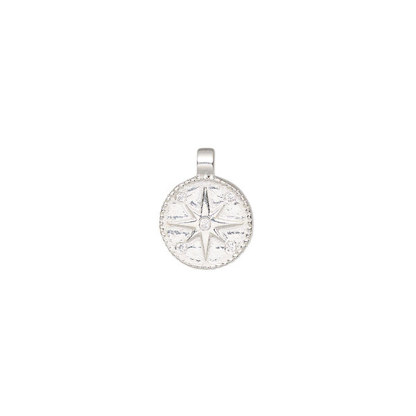 Charm, sterling silver and cubic zirconia, clear, 10mm double-sided compass rose, Sold Individually. image number 0