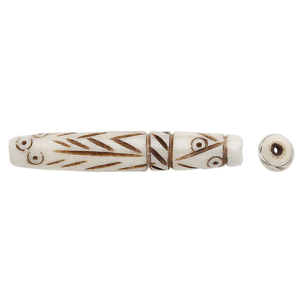 Bead, bone (dyed), brown and white, 1-1/2 inch hand-carved with line design, Mohs hardness 2-1/2. Sold per pkg of 10. image number 0