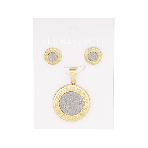 Pendant and earring, glitter paper and gold-finished stainless steel, silver, 28mm round pendant with Greek key design, 13mm round with Greek key design and post. Sold per set. image number 0