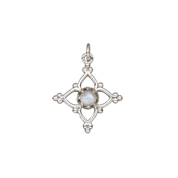 Rainbow moonstone / sterling silver 1pkg1, open beaded diamond drop natural antiqued 17x17mm image number 1
