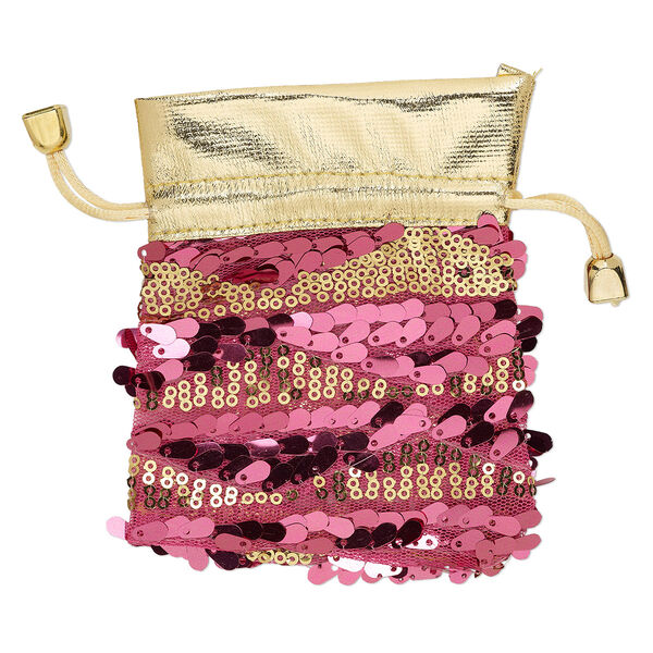 Pouch, nylon / plastic sequins / gold-coated plastic, gold and pink, 4-3/4 x 3-3/4 inches with drawstring. Sold individually. image number 0
