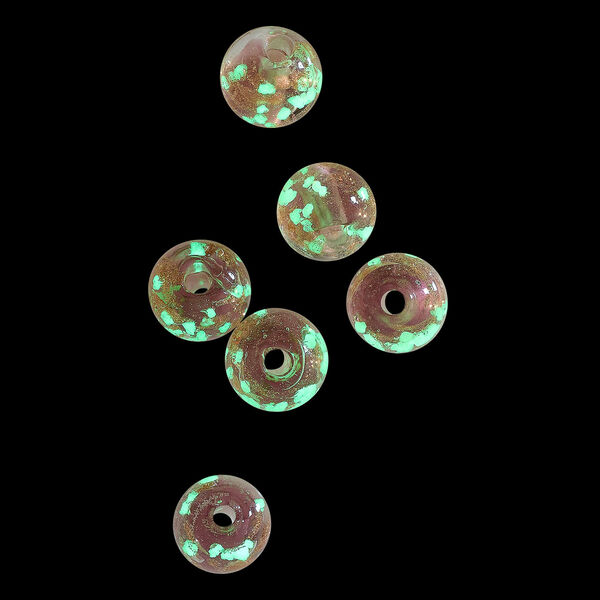 Bead, lampworked glass, clear / purple / glow-in-the-dark / gold, 8mm round. Sold per pkg of 6. image number 1