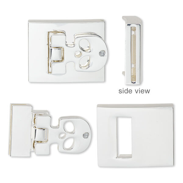 Clasp, hinged buckle, glass rhinestone / silver-finished steel / "pewter" (zinc-based alloy), clear, 29x23mm rectangle with skull and cutouts with glue-in ends and (6) micro screws, 20x1.5mm inside diameter. Sold individually. image number 0
