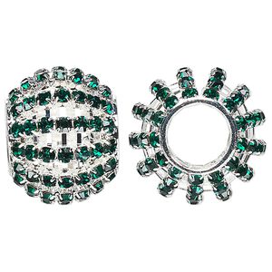 Bead, glass rhinestone and silver-finished brass, emerald green, 25x20mm barrel with 3mm chatons, 11.5mm hole. Sold individually.