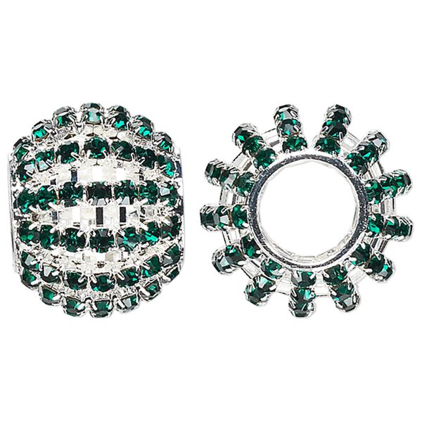 Bead, glass rhinestone and silver-finished brass, emerald green, 25x20mm barrel with 3mm chatons, 11.5mm hole. Sold individually. image number 0