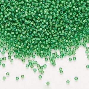 Seed bead, Miyuki, glass, pkg/35g, #15 rocaille, translucent white-lined luster green, (RR-3763).