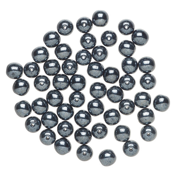 Bead, Czech glass druk 1pkg50, opaque hematite, 8mm round. image number 1
