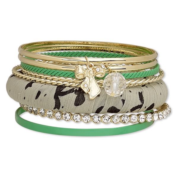 Bracelet, bangle, enamel / acrylic / fabric / wood / glass rhinestone / gold-finished steel / "pewter" (zinc-based alloy), multicolored, 3-13mm wide, 8 inches. Sold per 8-piece set. image number 0