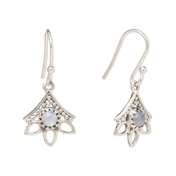 Earring, Create Compliments®, antiqued sterling silver and rainbow moonstone (natural), fishhook, 28mm with 14x12.5mm single-sided beaded open 3-teardrop, 21 gauge. Sold per pair. image number 0