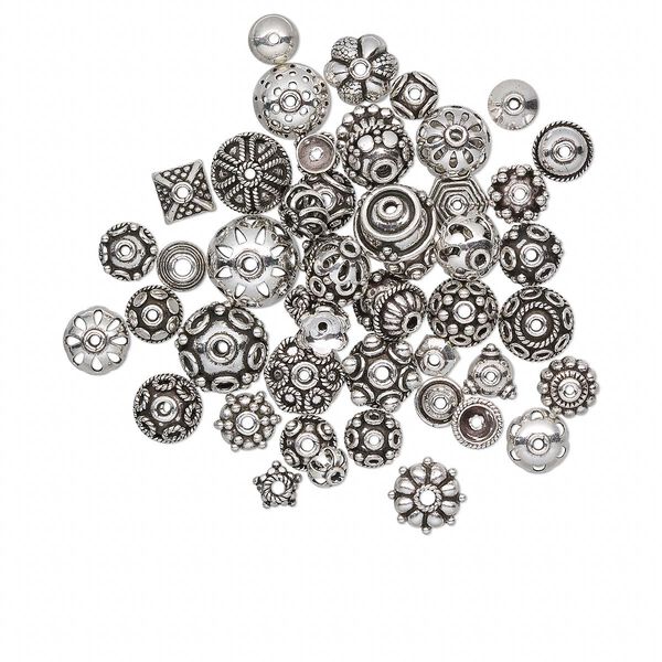 Bead cap mix, antiqued sterling silver, 6x3mm-16x8mm mixed shape. Sold per 50-gram pkg, approximately 50-55 bead caps. image number 0
