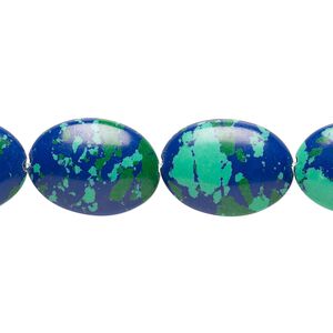 Bead, resin, dark blue / green / turquoise blue, 18x13mm flat oval. Sold per 15" to 16" strand.