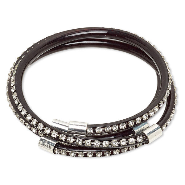 Bracelet, cuff, PVC plastic / glass rhinestone / silver-finished brass, black and clear, 4mm wide with cupchain, adjustable from 7-8 inches. Sold per pkg of 2. image number 0