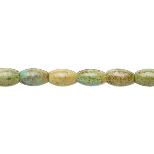 Bead, turquoise (dyed / stabilized), green-brown, 8x5mm oval with 0.8-1.1mm hole, C- grade, Mohs hardness 5 to 6. Sold per 15-nich strand. image number 0