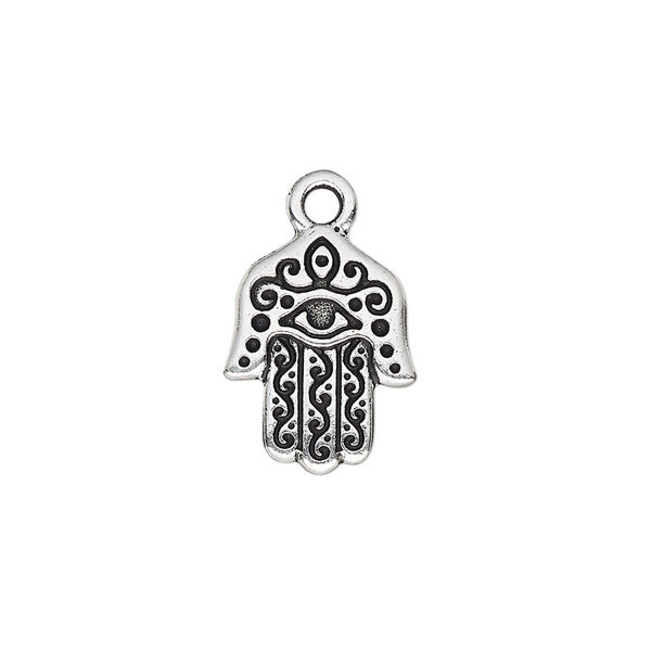 Drop, TierraCast®, antique silver-plated pewter (tin-based alloy), 16x13mm double-sided Fatima hand with eye. Sold per pkg of 20. image number 0