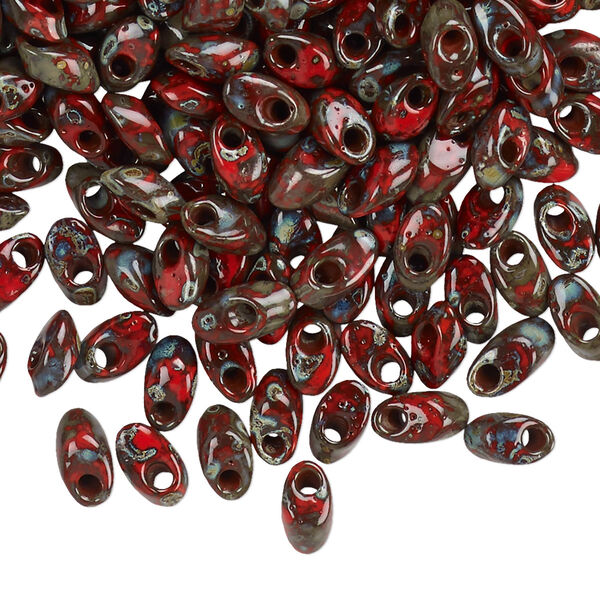 Seed bead, Miyuki, glass, pkg/250g, 7x4mm long magatama, opaque Picasso red, (LMA-4513). image number 0