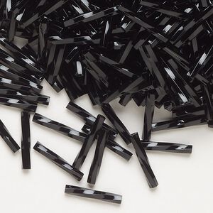 Bead, Miyuki, bugle bead, glass, pkg/250 g, 12x2mm center-drilled twisted, opaque black (TW-401).