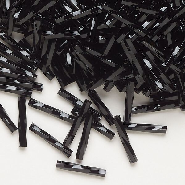 Bead, Miyuki, bugle bead, glass, pkg/250 g, 12x2mm center-drilled twisted, opaque black (TW-401). image number 0