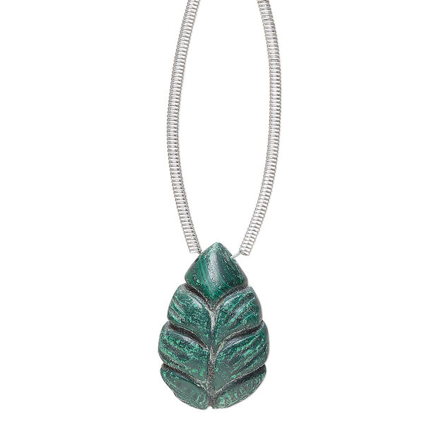 Malachite 1pkg1, hand-cut top-drilled carved leaf bead natural B grade, 18x12mm image number 0
