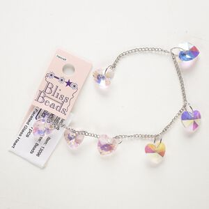 Chain, silver-finished steel and glass, pink AB, 2.4mm curb, 8 inches with (7) 14mm hearts. Sold individually.