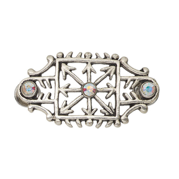 Focal, glass rhinestone with antiqued silver-finished steel and "pewter" (zinc-based alloy), clear AB, 34x18mm with cutout design and (2) screw fasteners. Sold individually. image number 0