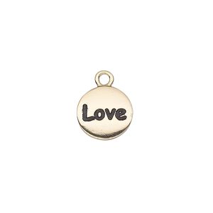 Drop, enamel and gold-finished "pewter" (zinc-based alloy), black, 11mm single-sided round with "Love". Sold individually.