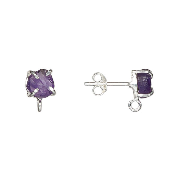 Ear stud, sterling silver and amethyst (natural), 5-7mm rough nugget with closed loop. Sold per pair. image number 0