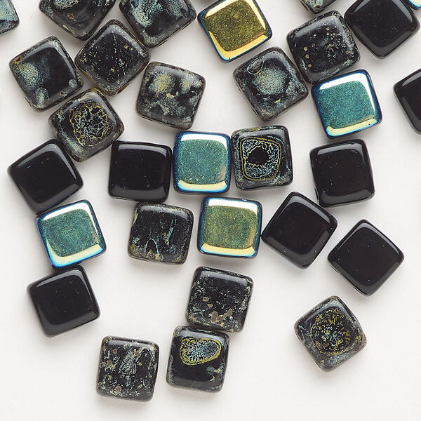 Bead, Czech pressed glass, pkg/38, opaque black AB, 6mm 2-strand flat square, fits up to (2) 3mm round beads. image number 0