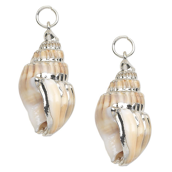 Drop, nassa shell (natural) and silver-plated steel, white / light brown / dark brown, 26x14mm. Sold per pkg of 2. image number 0