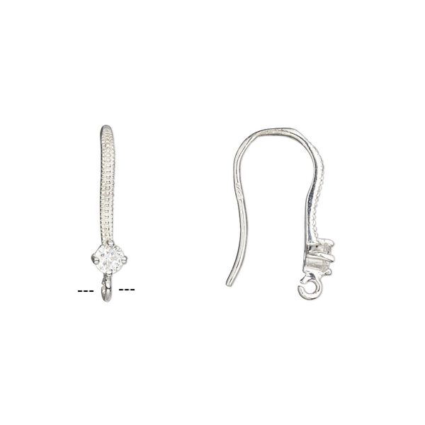 Ear wire fishhook 1pkg2 rhodium-plated sterling silver / cubic zirconia, 18mm / 4mm faceted round / open loop, 20 gauge clear 1 pair image number 0