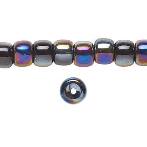 Bead, glass, opaque black rainbow, 8x6mm barrel. Sold per 15-1/2 to 16-inch strand.