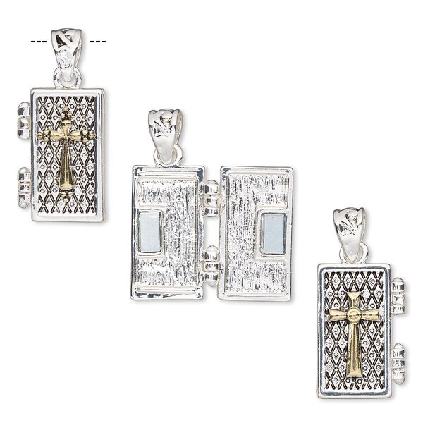 Drop, antique silver- and gold-finished "pewter" (zinc-based alloy), 27x15mm two-sided rectangle prayer box with cross and diamond design with magnetic closure. Sold individually. image number 0