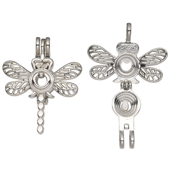 Pendant, imitation rhodium-finished "pewter" (zinc-based alloy), 36.5x30mm double-sided dragonfly bead cage, fits 8mm round bead. Sold individually. image number 0