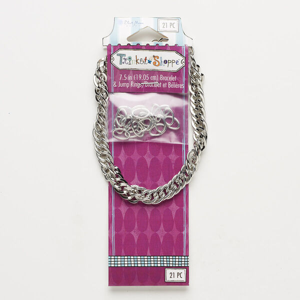 Chain and jump ring, silver-finished steel, 7-1/2 inch curb. Sold per pkg of 21 pieces. image number 0