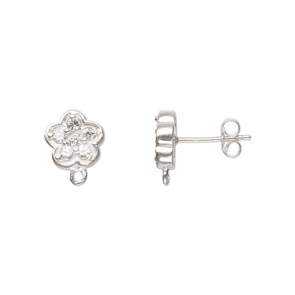 Earstud, sterling silver and cubic zirconia, clear, 11x9mm flower with open loop. Sold per pair. image number 0