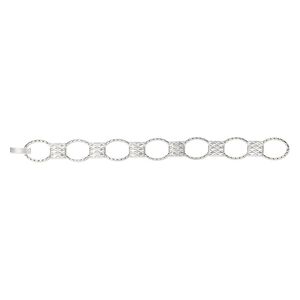 Bracelet component, silver-finished brass and "pewter" (zinc-based alloy), (7) 20x14.5mm oval links with 11x10mm textured rectangle glue-in setting, 7 inches with fold-over clasp. Sold individually.
