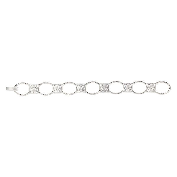 Bracelet component, silver-finished brass and "pewter" (zinc-based alloy), (7) 20x14.5mm oval links with 11x10mm textured rectangle glue-in setting, 7 inches with fold-over clasp. Sold individually. image number 0